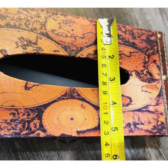 Retro World Map Tissue Box Holder / Faux Leather? Cover Rustic History Tabletop - Picture 11 of 12